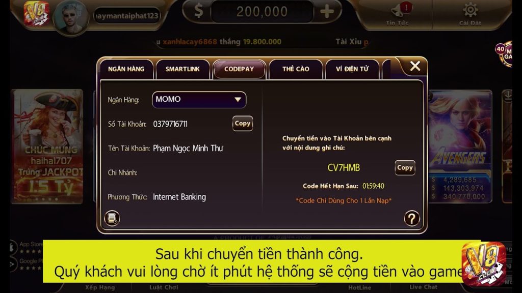 cách nạp rút tiền v8 club nhanh chóng